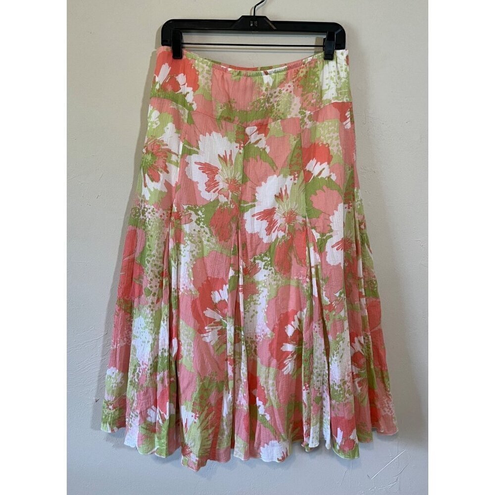 Ruby Rd Womens Maxi Skirt Floral Flowy Pink Green Lined Cotton Pull On Size 10